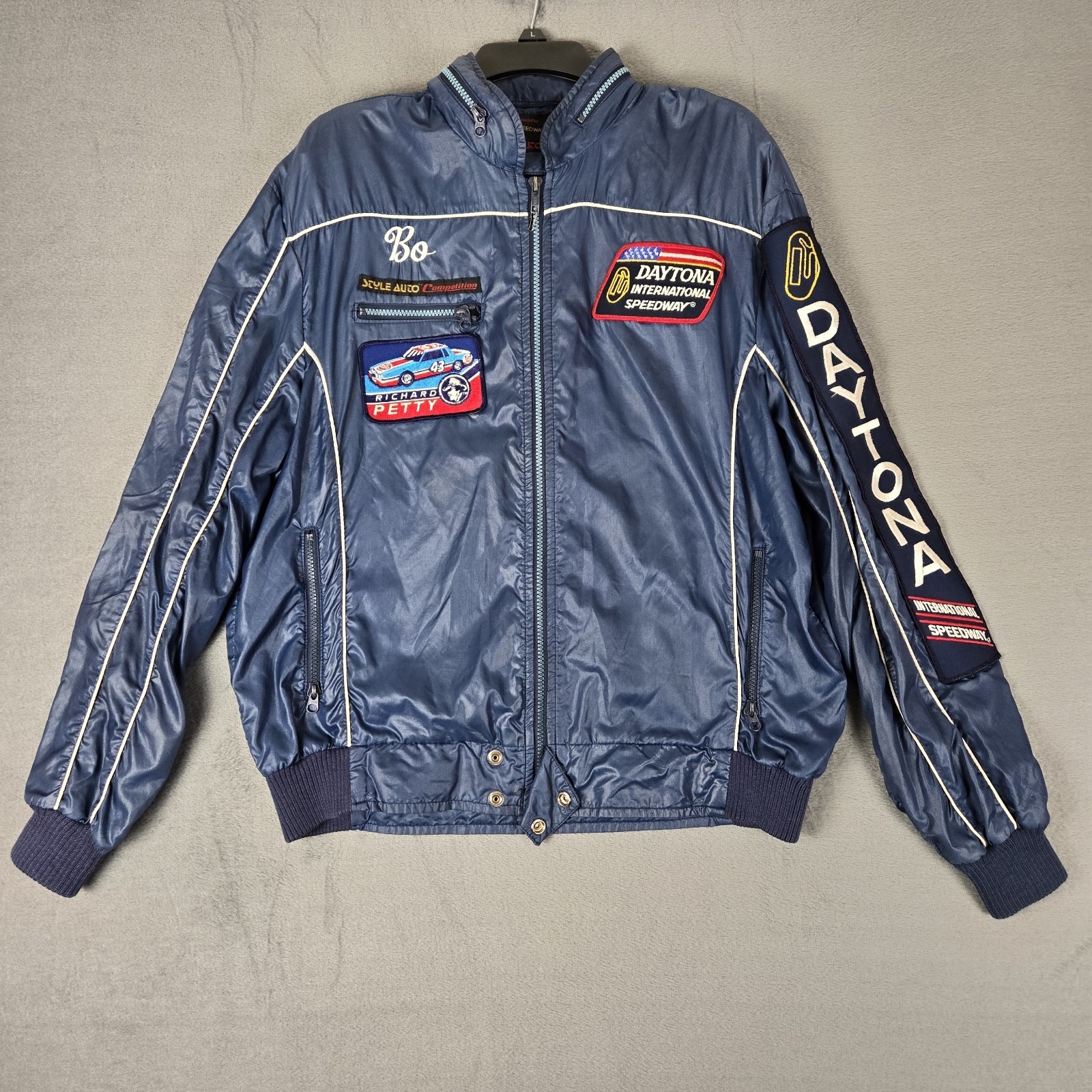 Style Auto Bomber Jacket Mens Xl Racing Daytona International Speedway Hood Vtg